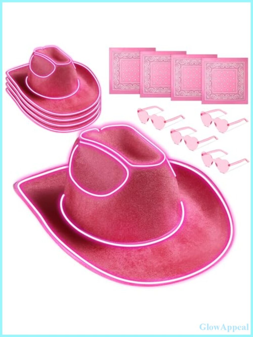 LED Cowboy Hat Set Cowgirl Party Accessories with Sunglasses Bandannas